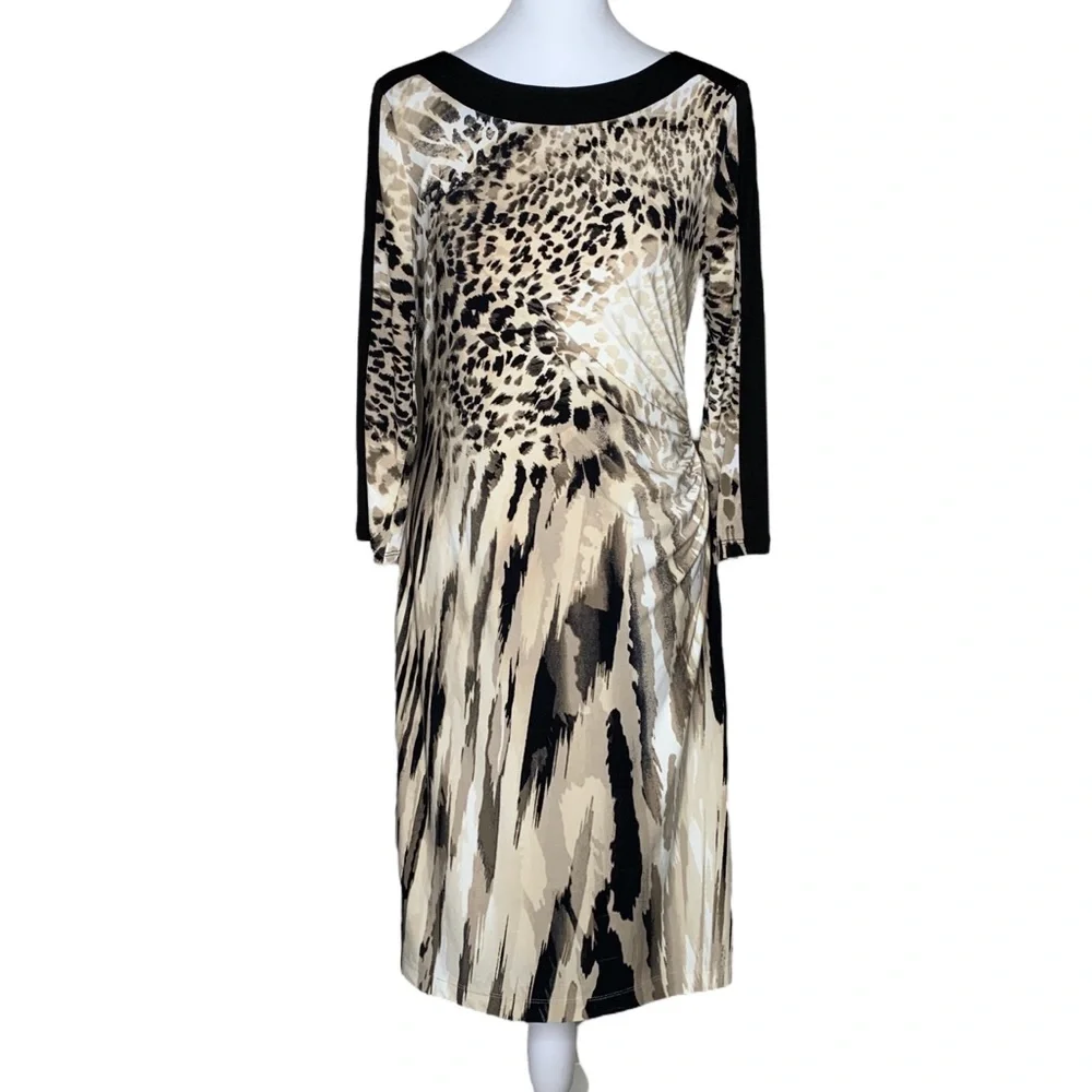 Chico's Animal Print Colorblock Midi Dress S Ruched Stretch Office Casual Travel